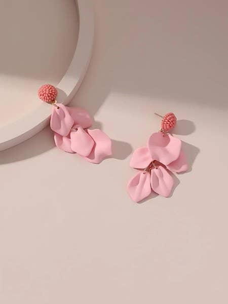 Pink Enamel Flower Petal Earrings with Beaded Stud Post