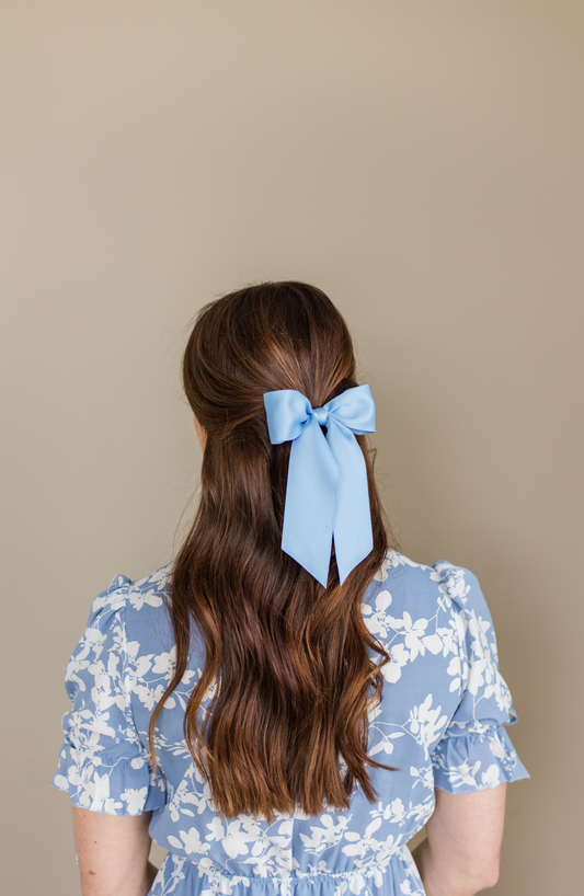 SPRING '24: Grace & Grandeur Bailee Satin Bow Barrette: Chambray