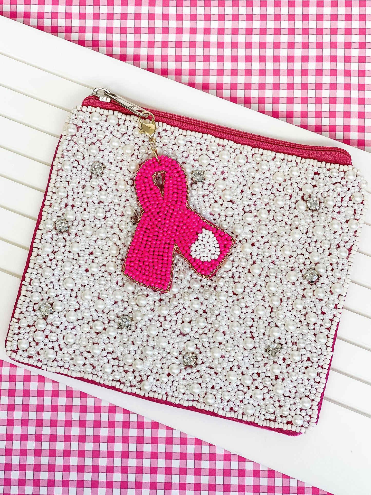 Breast Cancer Ribbon Charm Beaded Zip Pouch